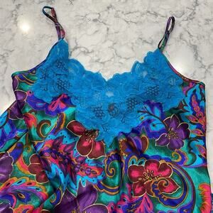 Victoria's Secret Teal Lace Print Gold Label Vintage 90's Slip Dress Lingerie S